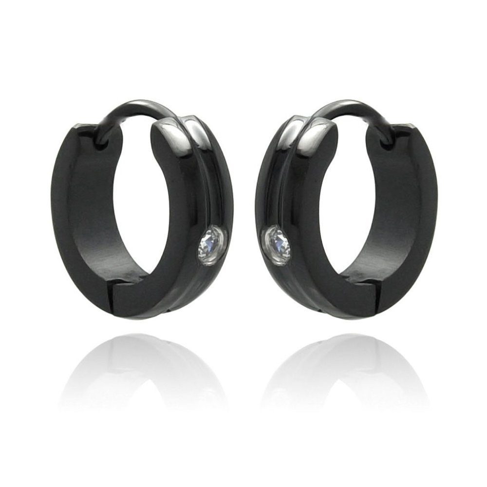 Stainless Steel Rhodium Plated & Black Rhodium Plated Single CZ Huggies Earrings